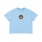 Argentina retro soccer jersey tee — front, sky-blue and white ringer trim with a world-flag crest