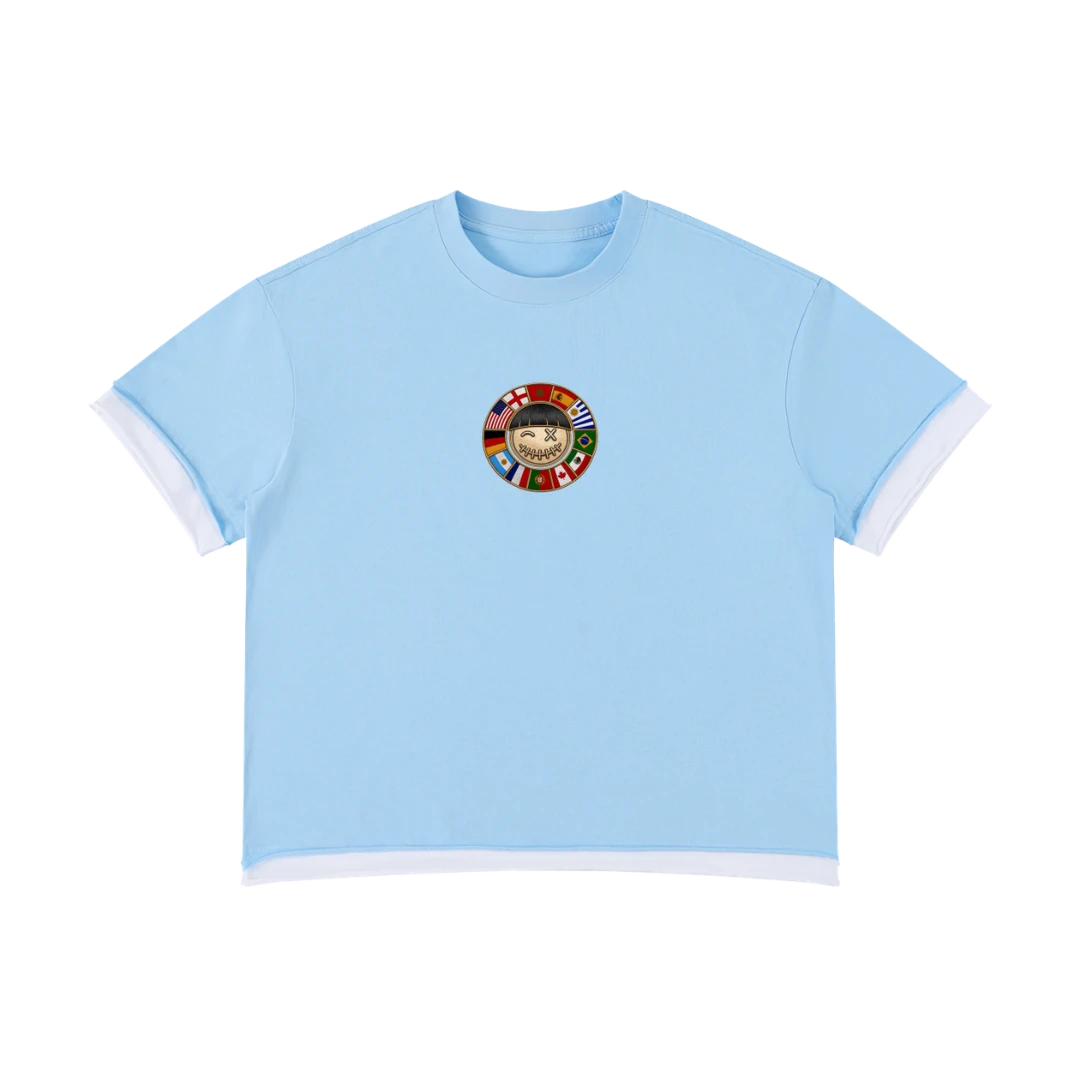 Argentina retro soccer jersey tee — front, sky-blue and white ringer trim with a world-flag crest