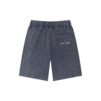 Asphalt blue snow wash shorts — back, "till i die" script embroidered on the back pocket