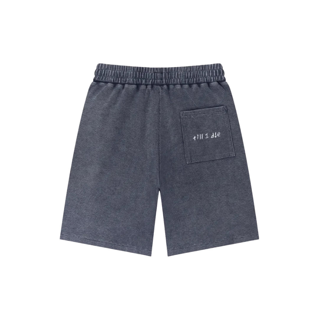 Asphalt blue snow wash shorts — back, "till i die" script embroidered on the back pocket