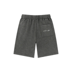 Asphalt gray snow wash shorts — back, "till i die" script embroidered on the back pocket