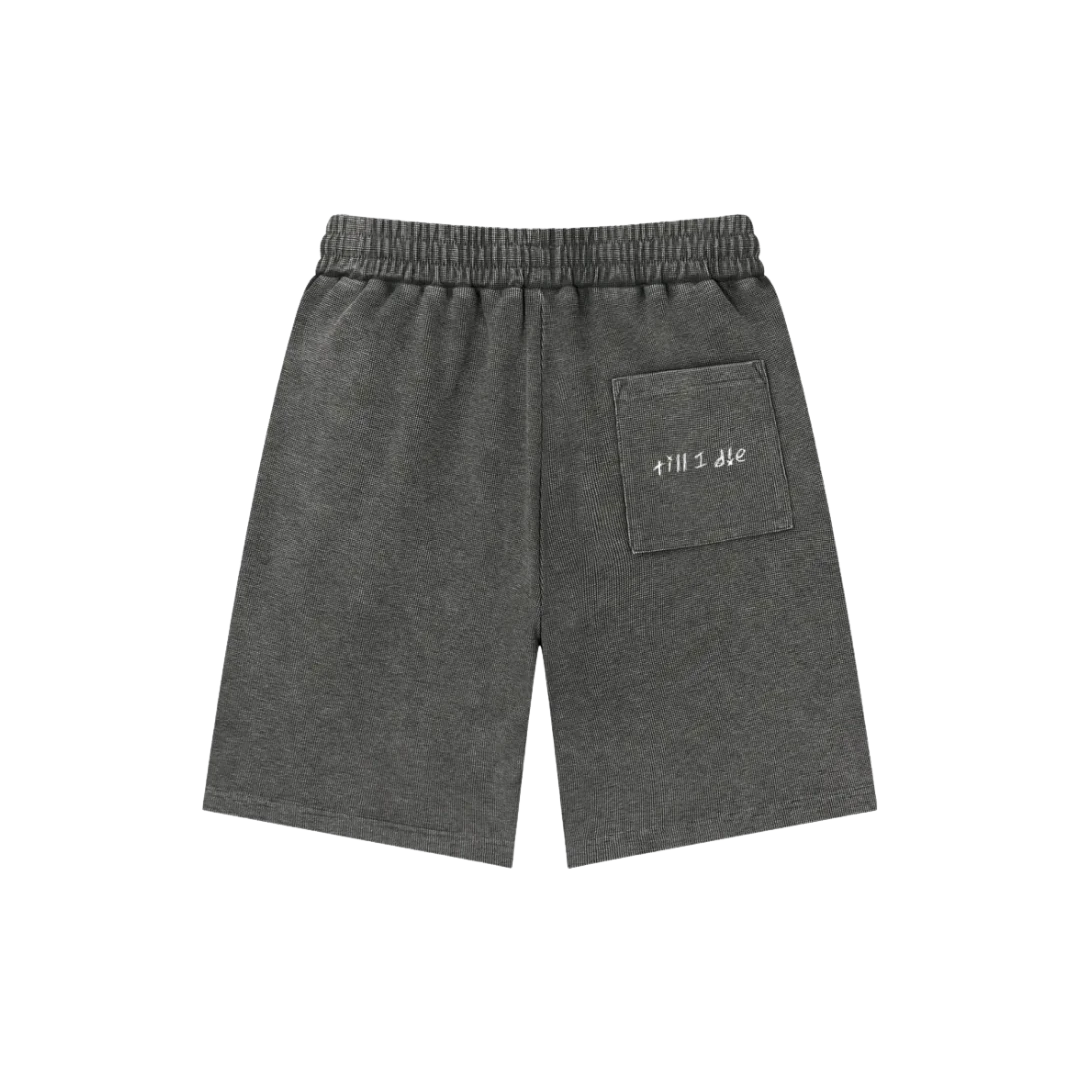 Asphalt gray snow wash shorts — back, "till i die" script embroidered on the back pocket