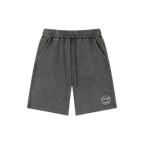 Asphalt gray snow wash shorts — front, tonal PM smiley patch on the hip
