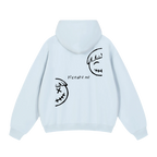 Baby blue graphic hoodie — back, two split half-smiley faces with a "picture me" script