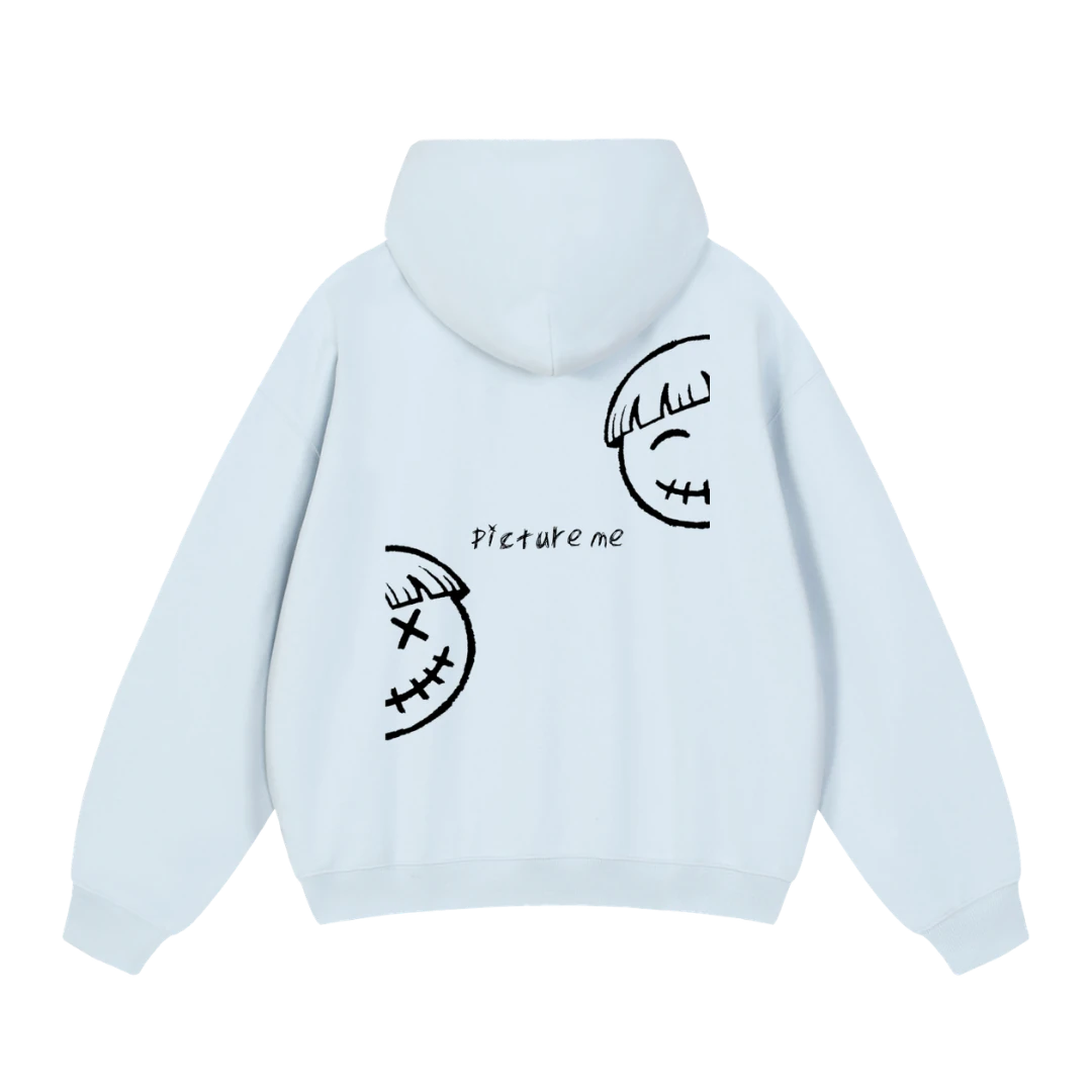Baby blue graphic hoodie — back, two split half-smiley faces with a "picture me" script