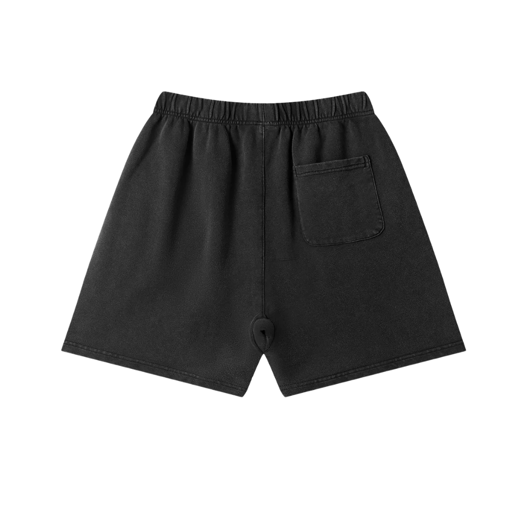 Black cotton graphic shorts — back, plain back with patch pocket