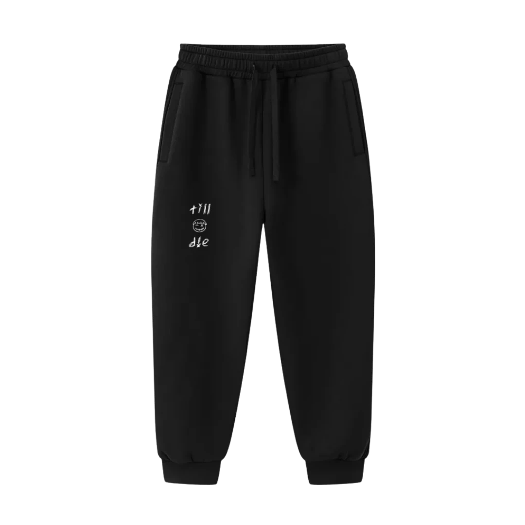 Black graphic joggers — front, plain front