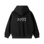 Black half smile zip hoodie — back, brand's tonal "20??" print