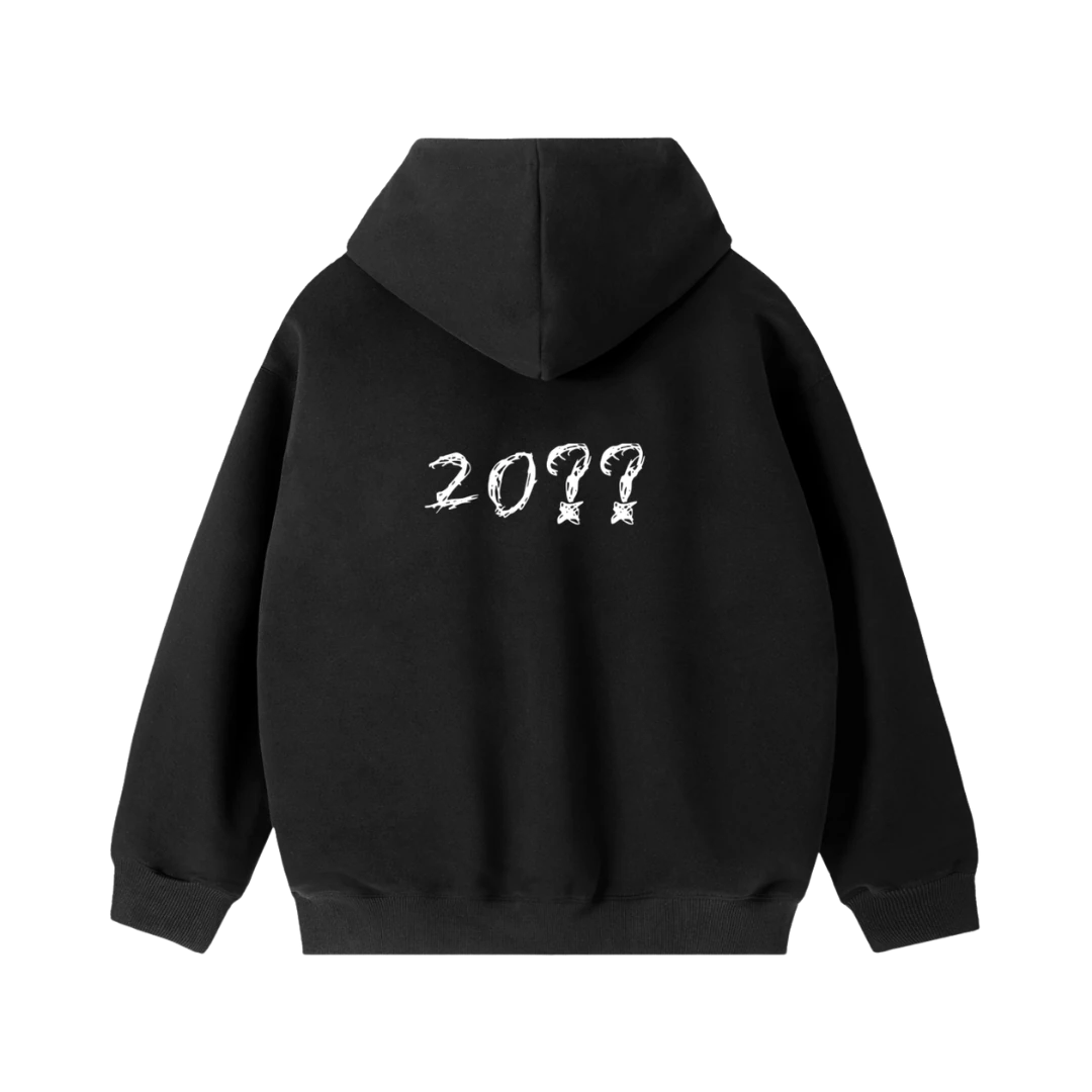 Black half smile zip hoodie — back, brand's tonal "20??" print