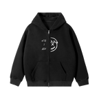 Black half smile zip hoodie — front, half PM smiley split by the front zipper