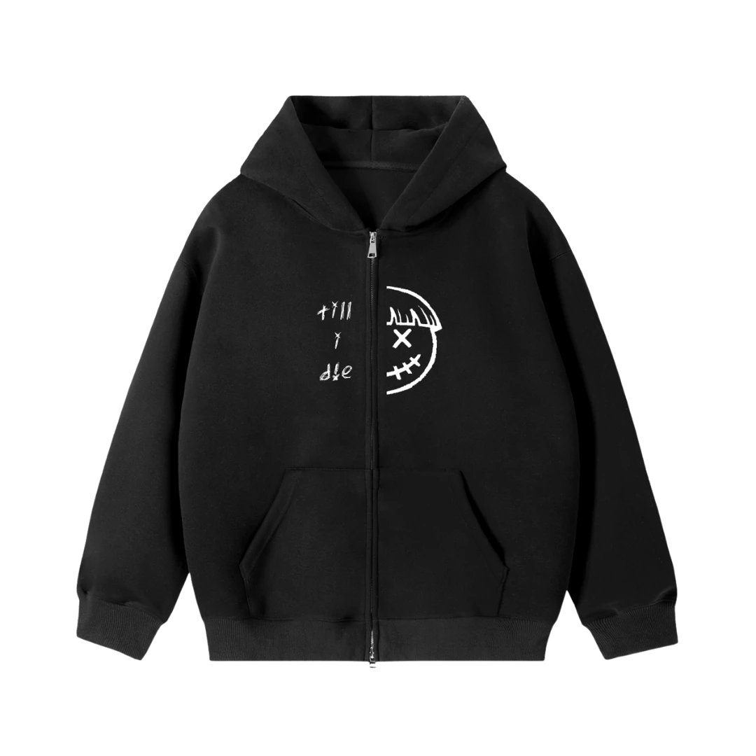 Black half smile zip hoodie — front, half PM smiley split by the front zipper