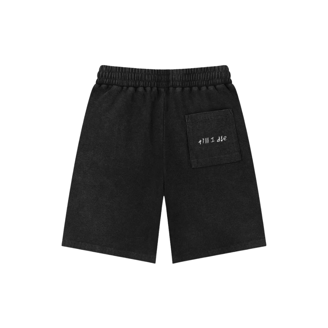 Black mamba snow wash shorts — back, "till i die" script embroidered on the back pocket