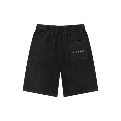 Black mamba snow wash shorts — back, "till i die" script embroidered on the back pocket
