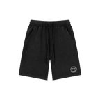 Black mamba snow wash shorts — front, tonal PM smiley patch on the hip