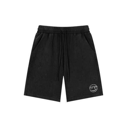 Black mamba snow wash shorts — front, tonal PM smiley patch on the hip