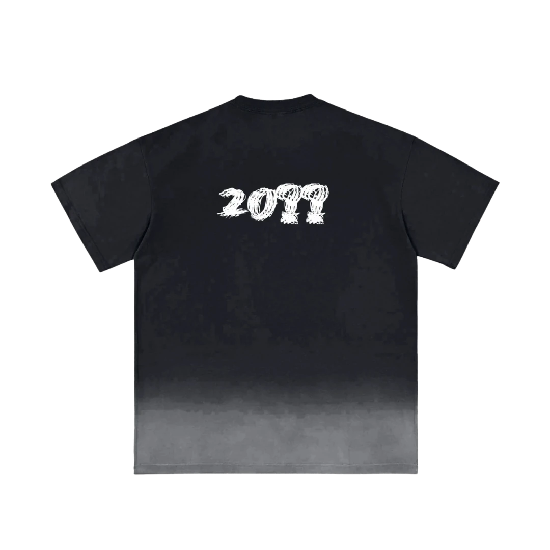 Black ombre graphic tee — back, brand's tonal "20??" print