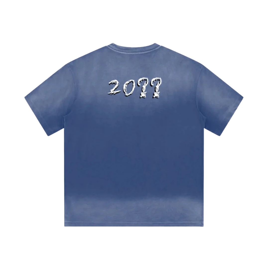 Blue smiley graphic tee — back, brand's tonal "20??" print