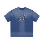 Blue smiley graphic tee — front, oversized PM smiley outline on the chest
