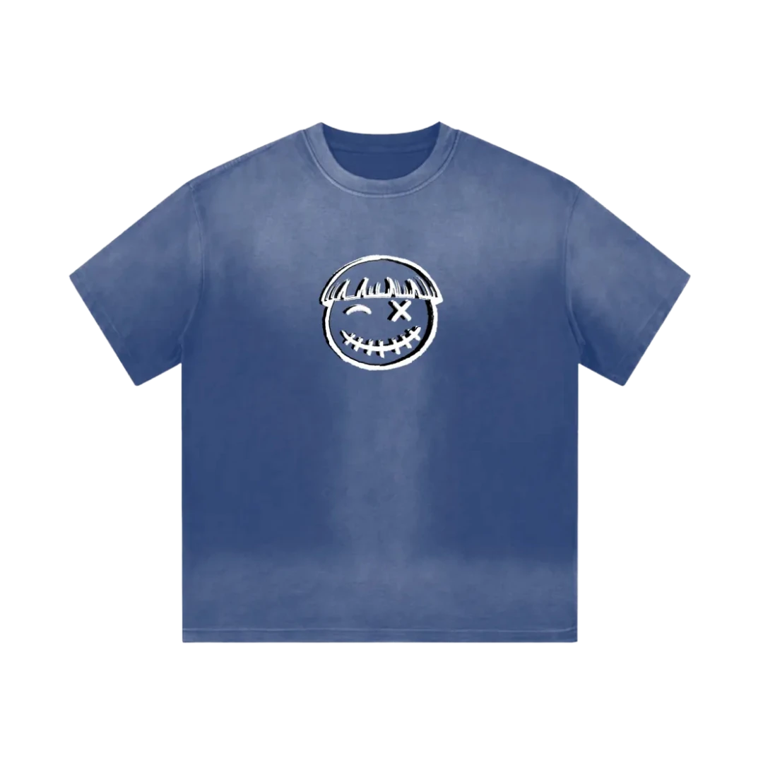 Blue smiley graphic tee — front, oversized PM smiley outline on the chest