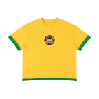 Brazil retro soccer jersey tee — front, green ringer trim with a world-flag crest