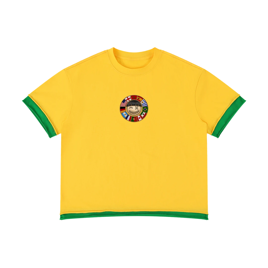 Brazil retro soccer jersey tee — front, green ringer trim with a world-flag crest