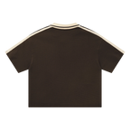Brown waffle knit polo — back, plain back with matching trim