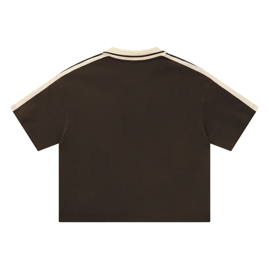 Brown waffle knit polo — back, plain back with matching trim