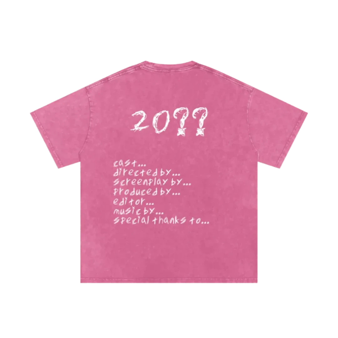 Bubble gum pink final cut tee — back, full hand-scrawled movie credits roll