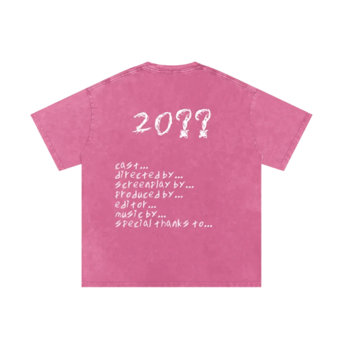 Bubble gum pink final cut tee — back, full hand-scrawled movie credits roll