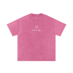 Bubble gum pink final cut tee — front, PM smiley and "till i die" script on the chest