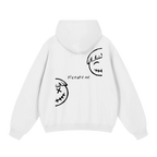 Cloud white graphic hoodie — back, two split half-smiley faces with a "picture me" script