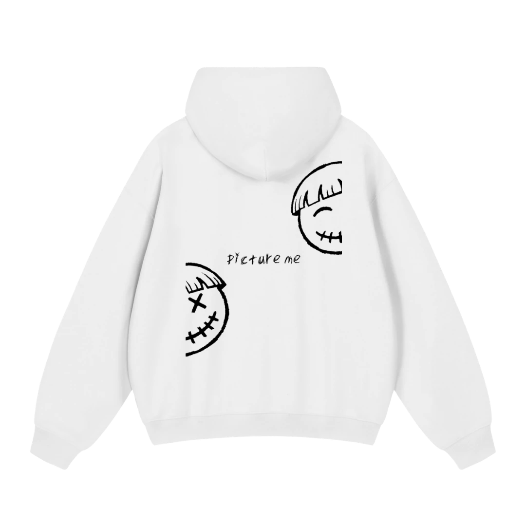 Cloud white graphic hoodie — back, two split half-smiley faces with a "picture me" script