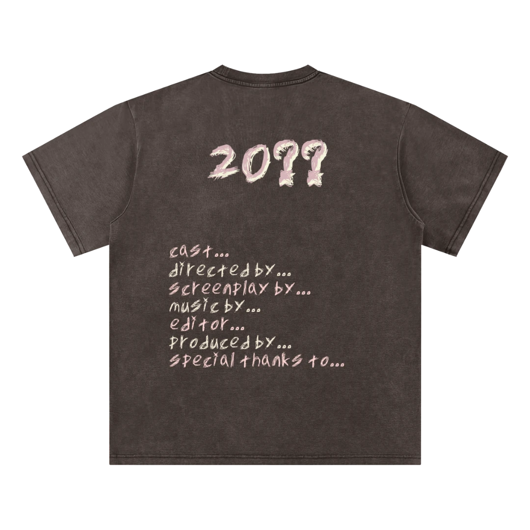 Coffee brown final cut tee — back, full hand-scrawled movie credits roll