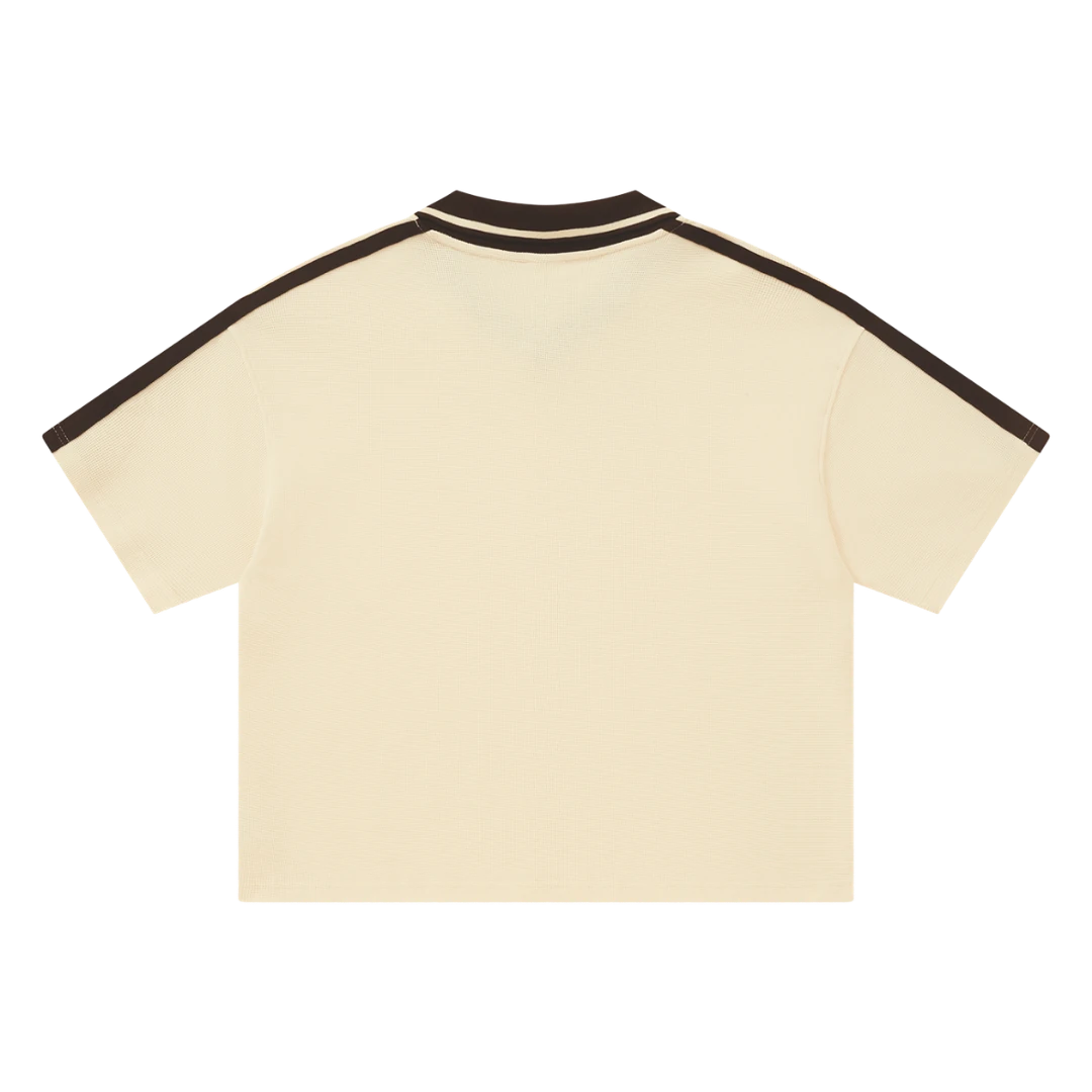 Cream waffle knit polo — back, plain back with matching trim