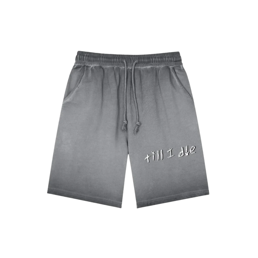 Dust gray cotton shorts — front, small PM smiley patch on the hip