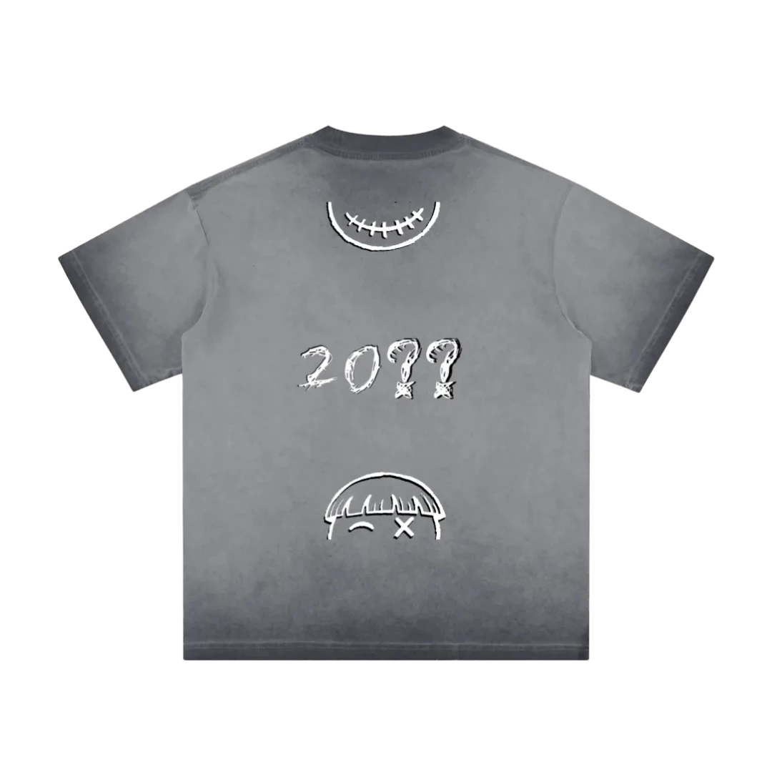Dust gray graphic tee — back, fragmented PM smiley pieces and a "20??" mark