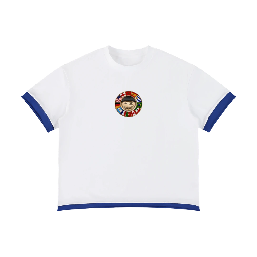 England retro soccer jersey tee — front, navy ringer trim with a world-flag crest