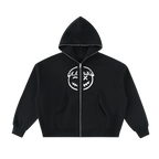 Face split zip hoodie — front, PM face graphic split by the front zipper