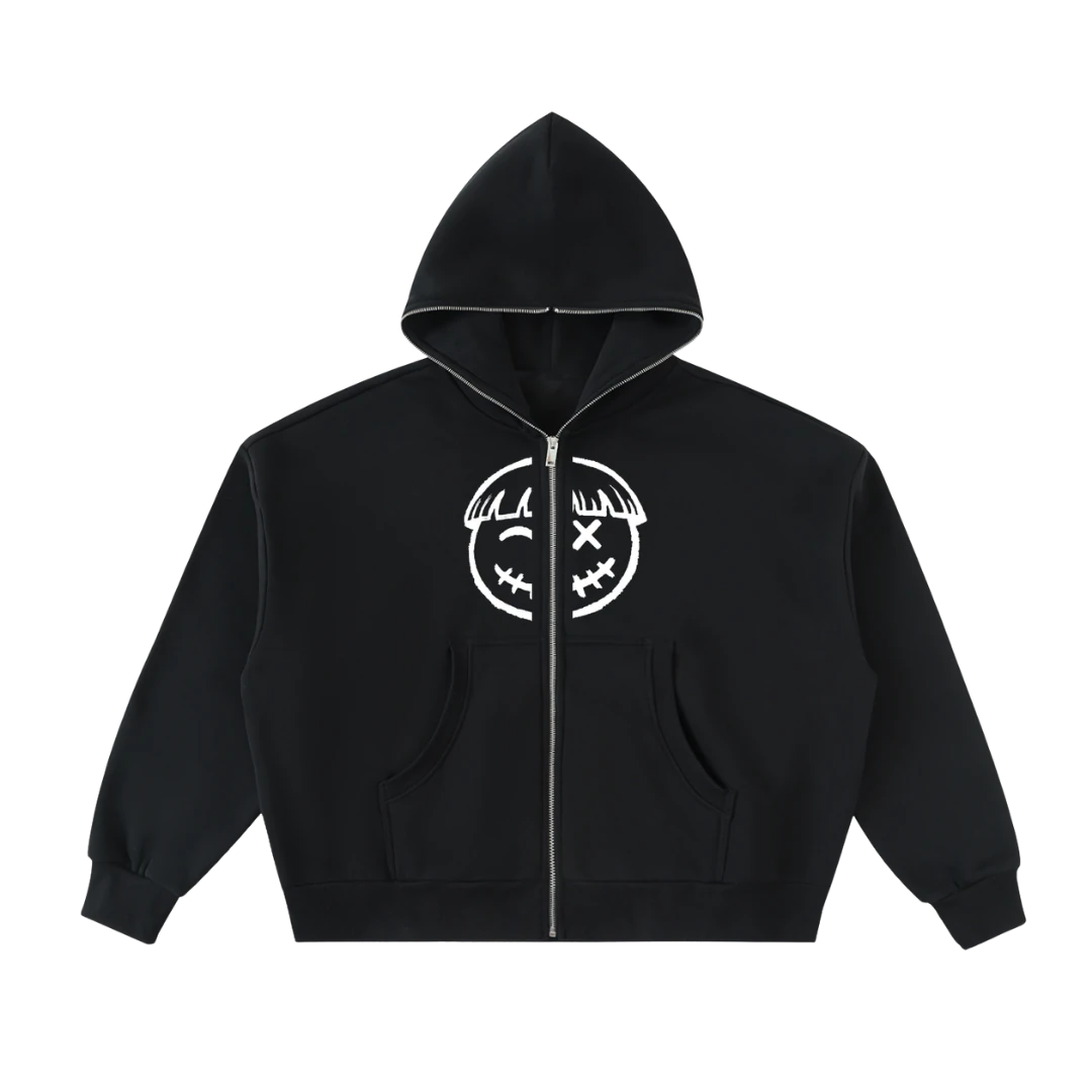Face split zip hoodie — front, PM face graphic split by the front zipper