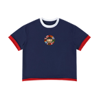 France retro soccer jersey tee — front, red and white ringer trim with a world-flag crest
