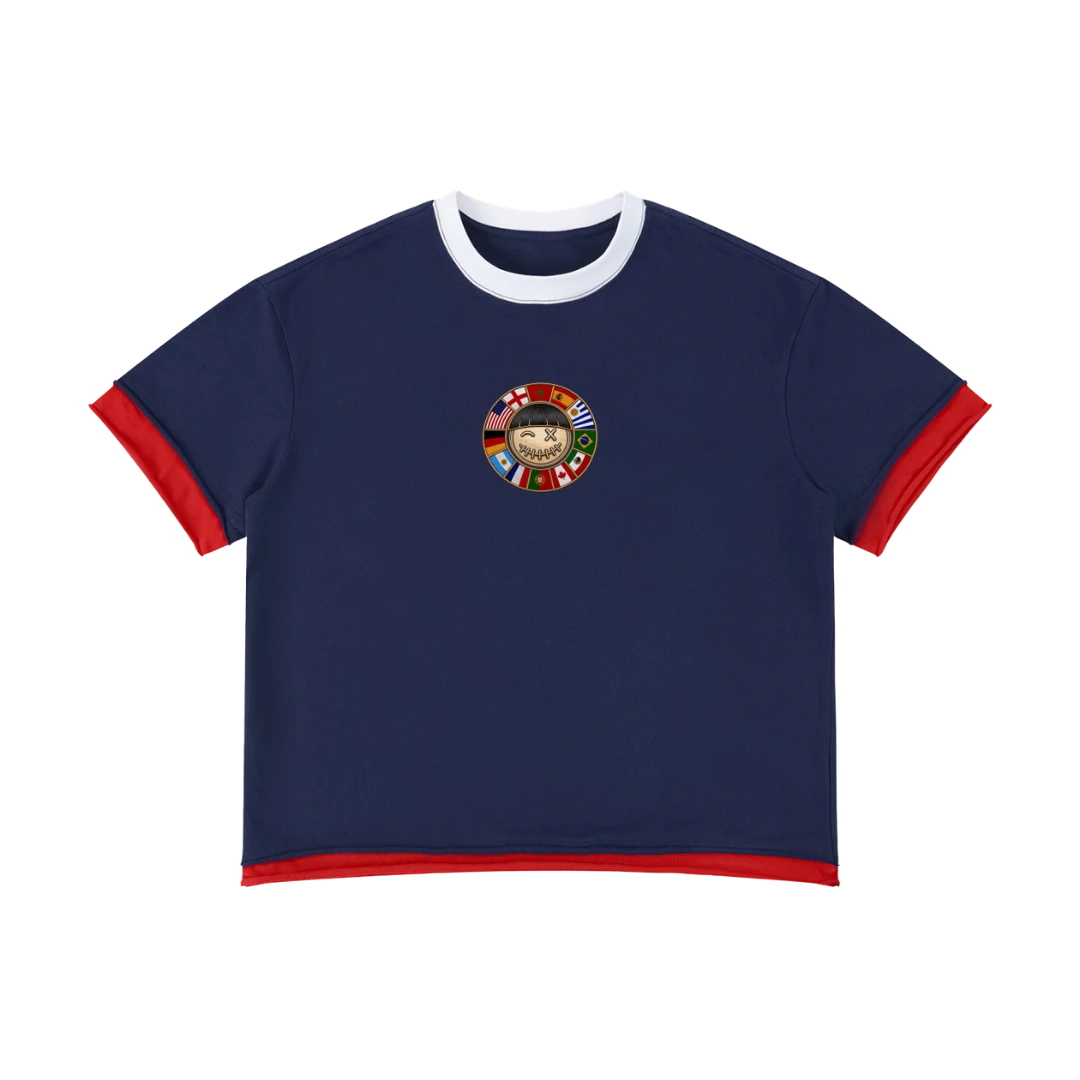 France retro soccer jersey tee — front, red and white ringer trim with a world-flag crest