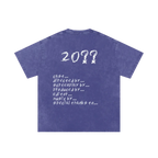 Galactic purple final cut tee — back, full hand-scrawled movie credits roll