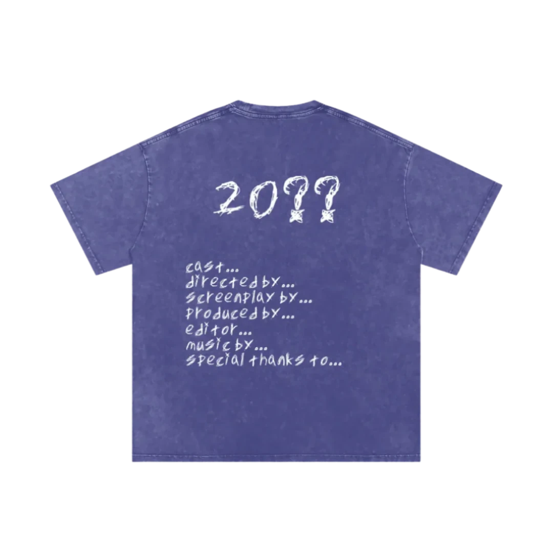 Galactic purple final cut tee — back, full hand-scrawled movie credits roll