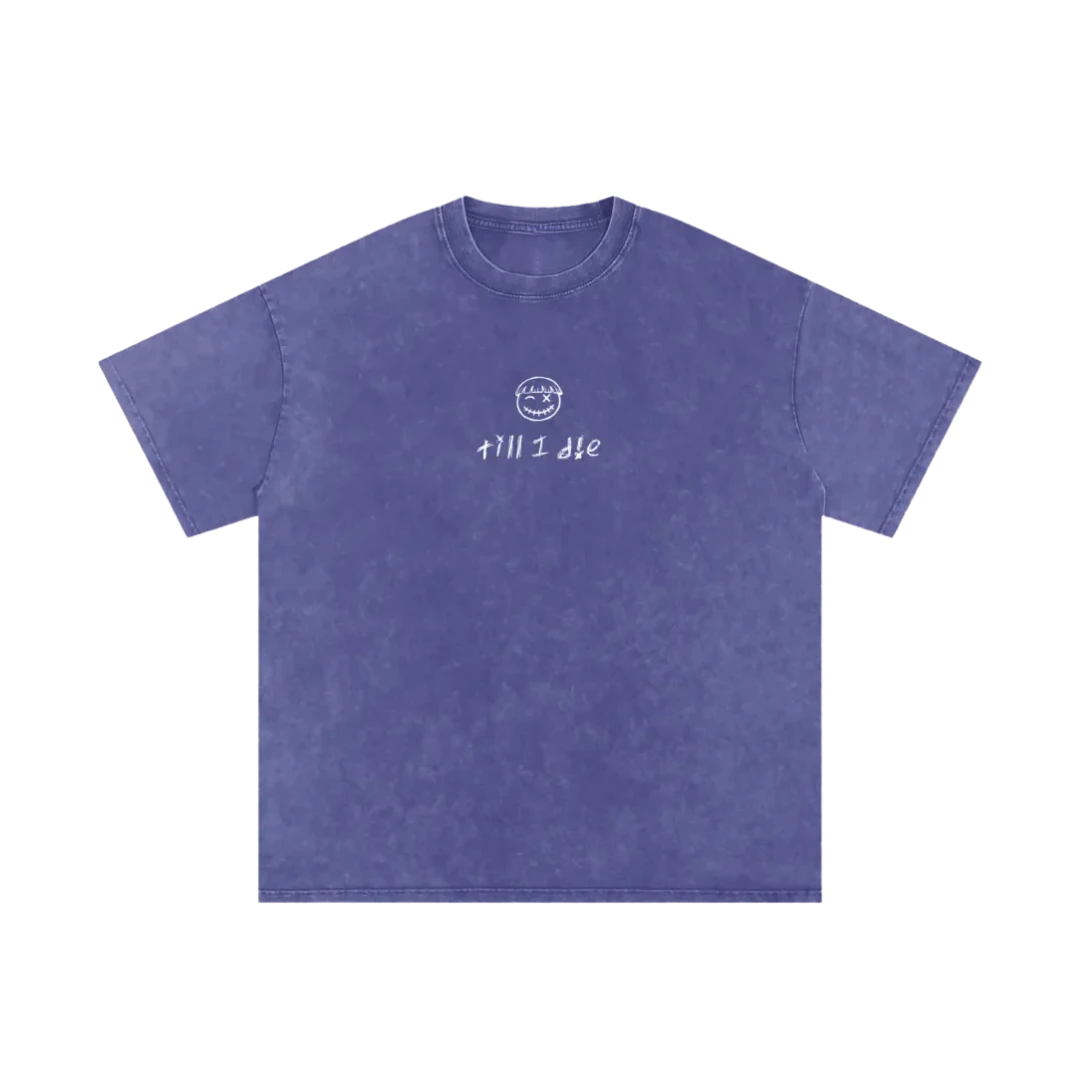 Galactic purple final cut tee — front, PM smiley and "till i die" script on the chest