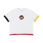 Germany retro soccer jersey tee — front, black, red, and yellow ringer trim with a world-flag crest