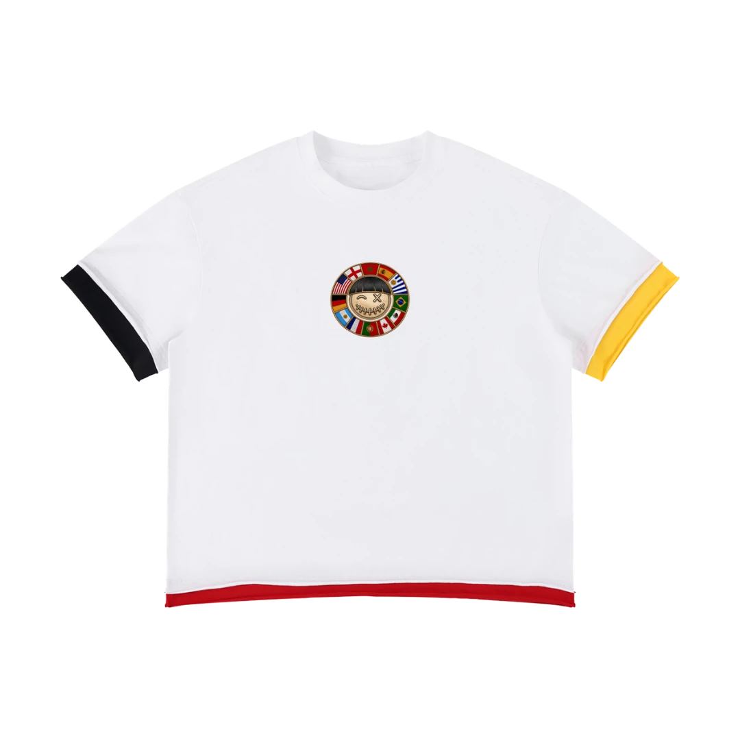 Germany retro soccer jersey tee — front, black, red, and yellow ringer trim with a world-flag crest