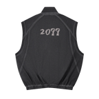 Gray mesh zip vest — back, brand's tonal "20??" print