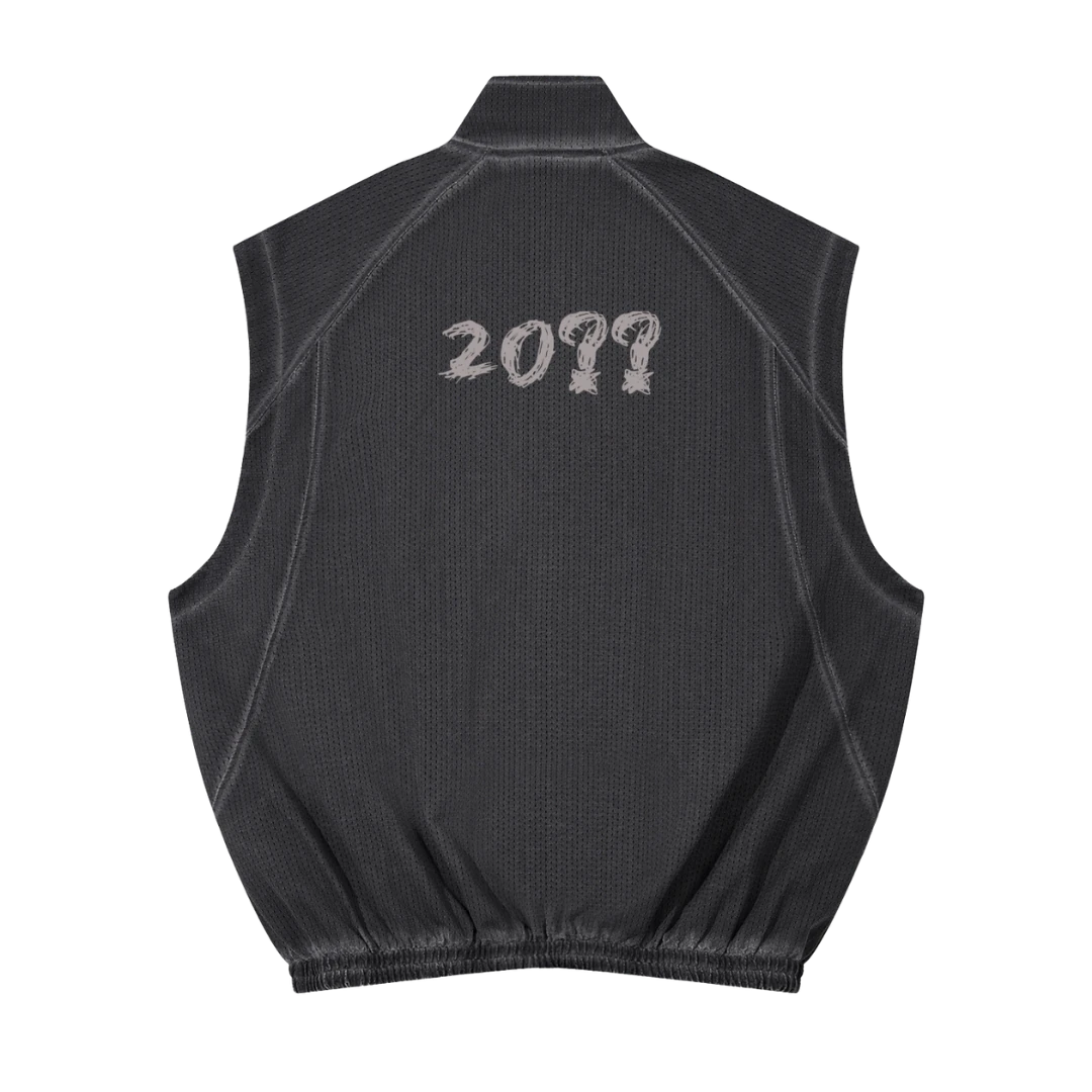 Gray mesh zip vest — back, brand's tonal "20??" print