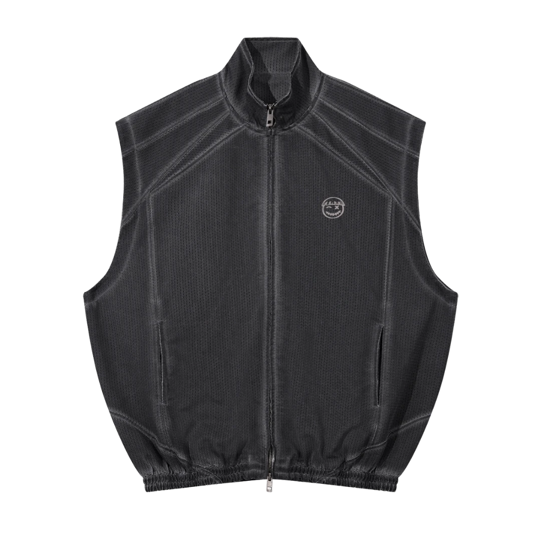 Gray mesh zip vest — front, full front zip and stand collar