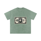 Green dollar bill graphic tee — front, spoof PM banknote graphic across the chest